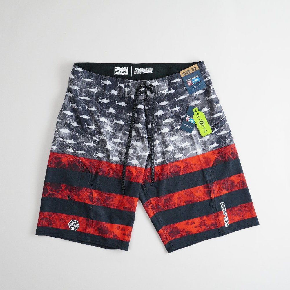 Pelagic Sharkskin Hex Boardshort 11" Inseam Fishing Stripe Red/Black Men Size 32